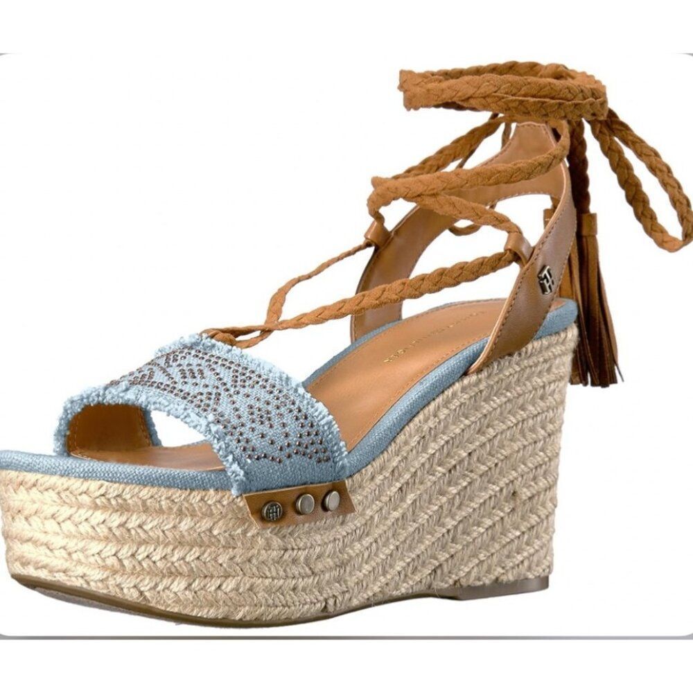 Tommy Hilfiger Women Blue Tan Studded Espadrille Tie-Up Wedge 8M